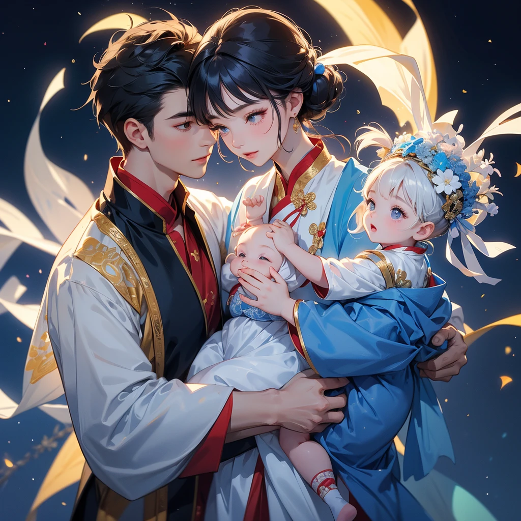 A one-year-old baby boy in an ancient Chinese baby costume with his beautiful mother, dressed in an white ancient Chinese costume, playing with each other, with his handsome father standing next to his mother, close up.

Background is a dark night, with moonlight and millions of stars, twinkling everywhere, with blue light.