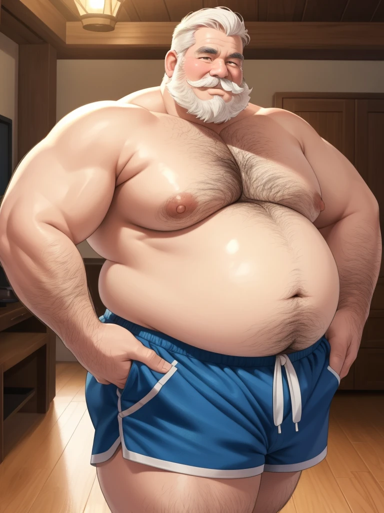 fat daddy, hot daddy, a smiling obese old man, chubby, big fat, detailed realistic portrait, 8k high resolution, topless, sumo physique, side view, perfect center, full view, realistic skin texture, wrinkled face, short hair, thick mustache, white hair, bearded, jovial expression, huge belly, fat, wearing shorts, high detail, masterpiece, (best quality,4k,8k,highres,masterpiece:1.2),ultra-detailed