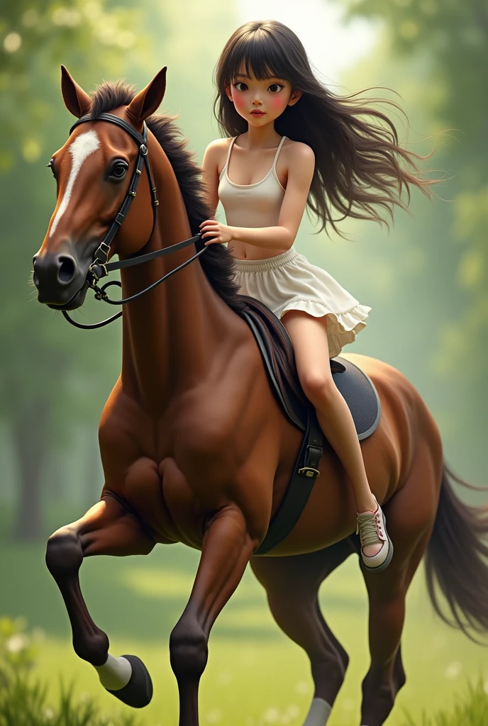 Realistic image of girl like Roro in tennis skirt riding horse without underwear