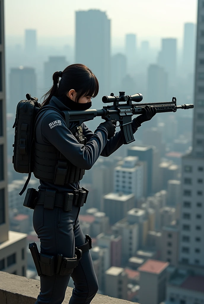 Japanese female sniper wearing a cloth mask standing on the roof of a tall building shooting headshots at enemies
