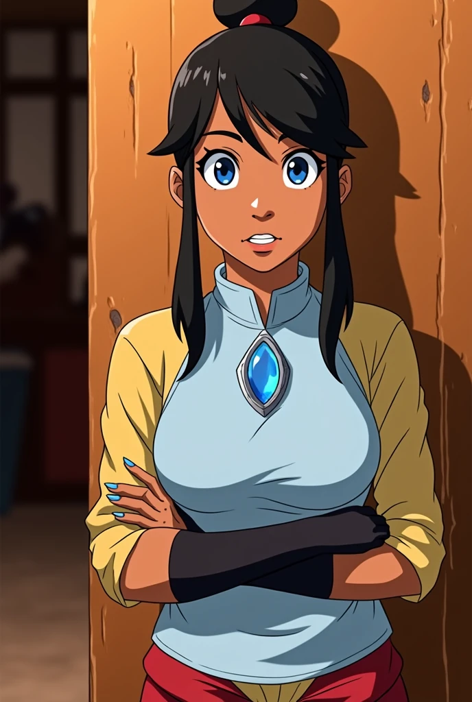 Avatar Korra from "The Legend of Korra" wearing an air nomad robe, black eyeliner around her eyes, light blue lipstick on her lips, hair tied in a bun, anime style, black woman, avatar Korra, dark skin, blue eyes, makeup, blue jewel necklace, red and yellow outfit, face same as the prompt.