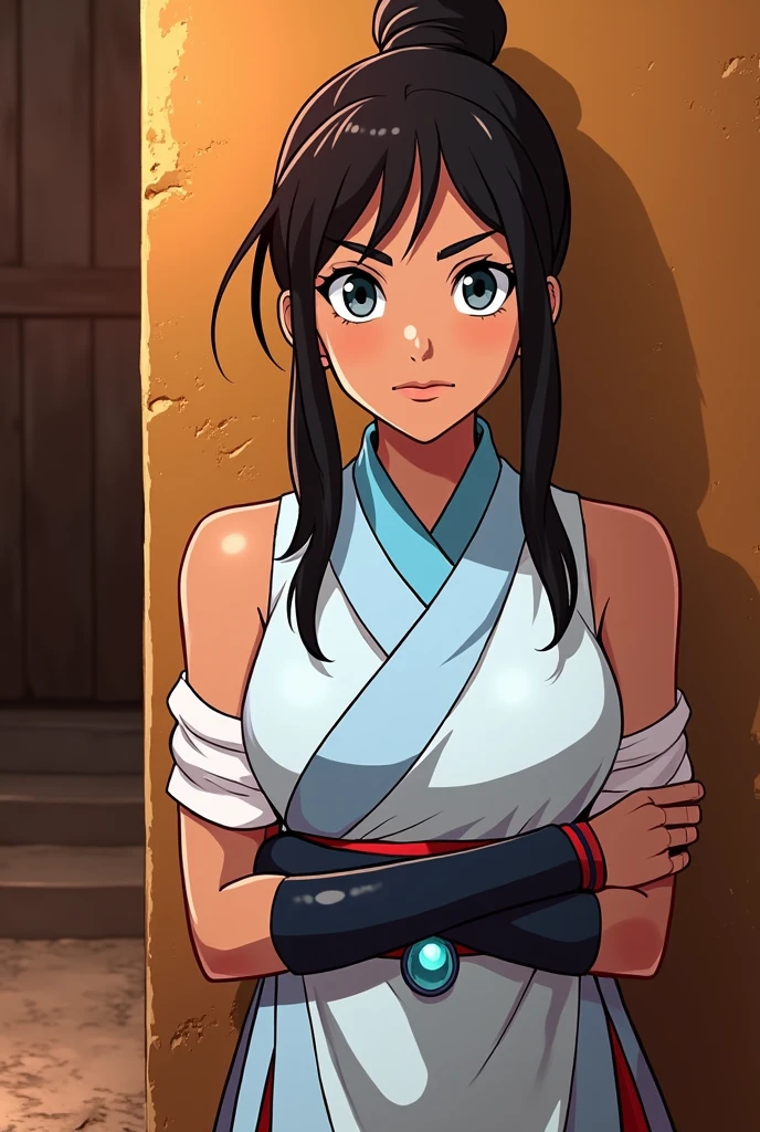Avatar Korra from "The Legend of Korra" wearing an air nomad robe, black eyeliner around her eyes, light blue lipstick on her lips, hair tied in a bun, anime style, black woman, avatar Korra, dark skin, blue eyes, makeup, blue jewel necklace, red and yellow outfit, face same as the prompt.