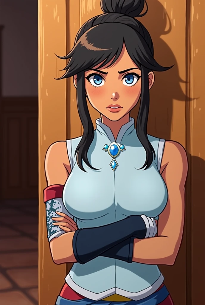 Avatar Korra from "The Legend of Korra" wearing an air nomad robe, black eyeliner around her eyes, light blue lipstick on her lips, hair tied in a bun, anime style, black woman, avatar Korra, dark skin, blue eyes, makeup, blue jewel necklace, red and yellow outfit, face same as the prompt.