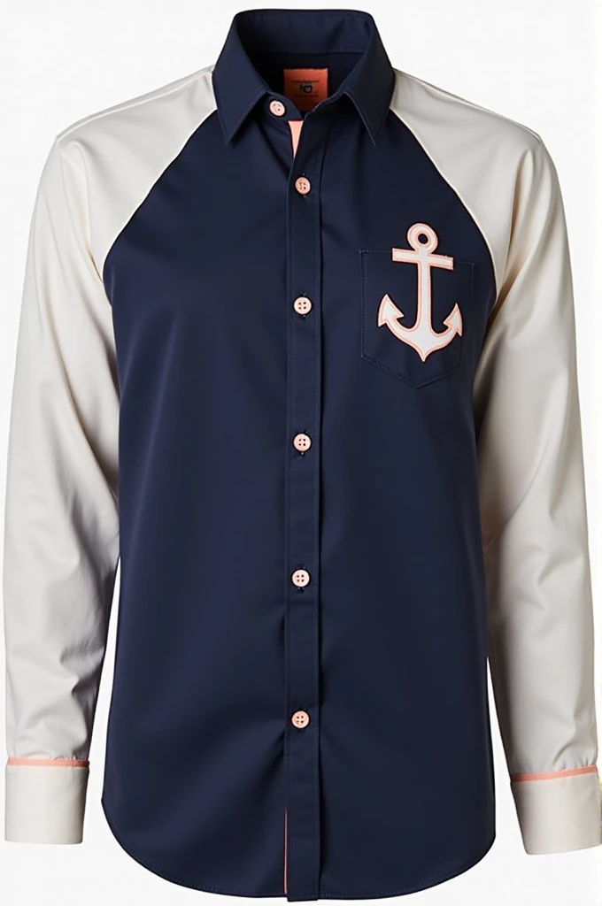 A navy blue and white shirt , with a touch of peach close to the buttons , a blue anchor displaying on the left side of the chest