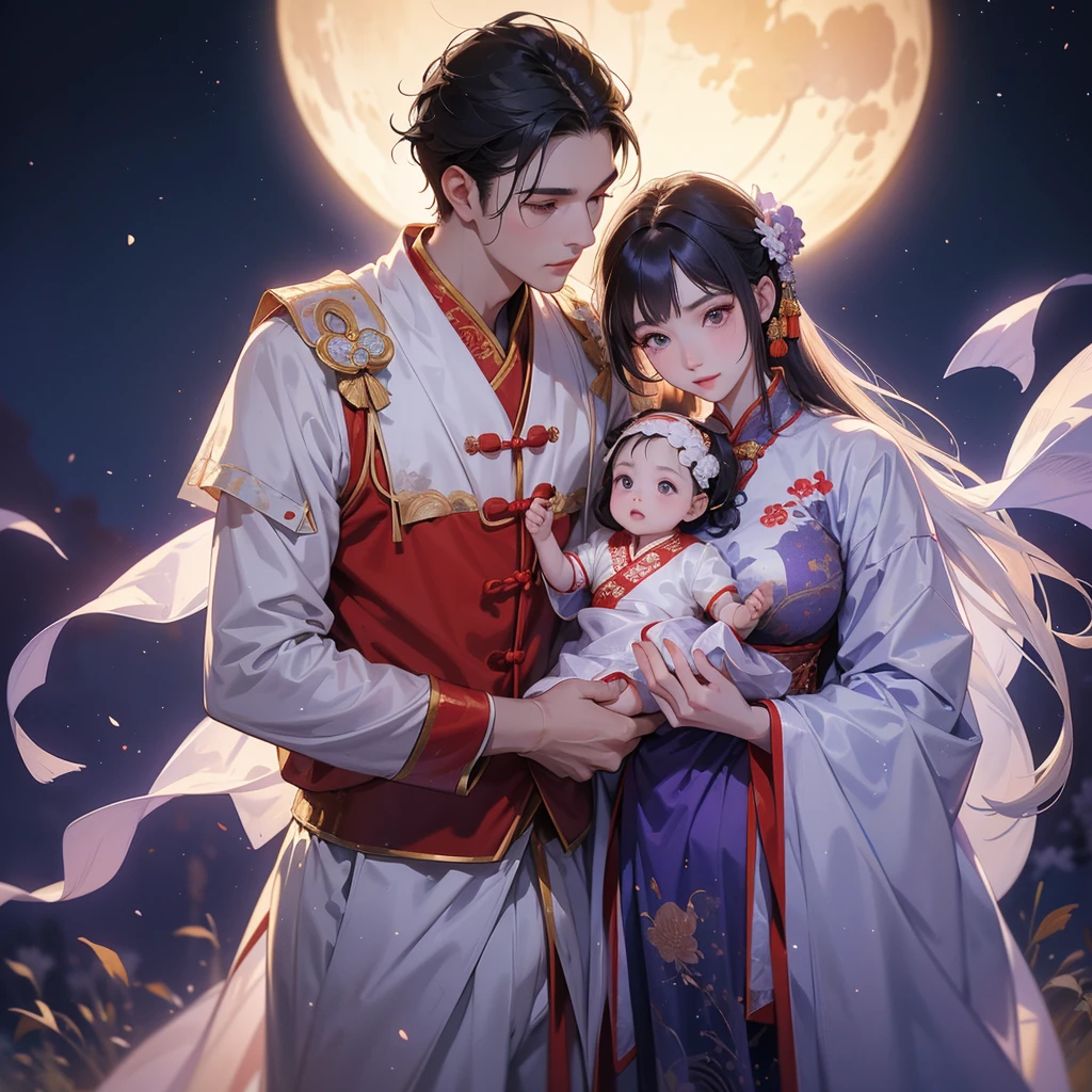 A one-year-old baby boy in an ancient Chinese baby costume with his beautiful mother, dressed in an white ancient Chinese costume, playing with each other, with his handsome father standing next to his mother, close up.
Background is a dark moonless night, with dry trees in the background, and purple glowing light