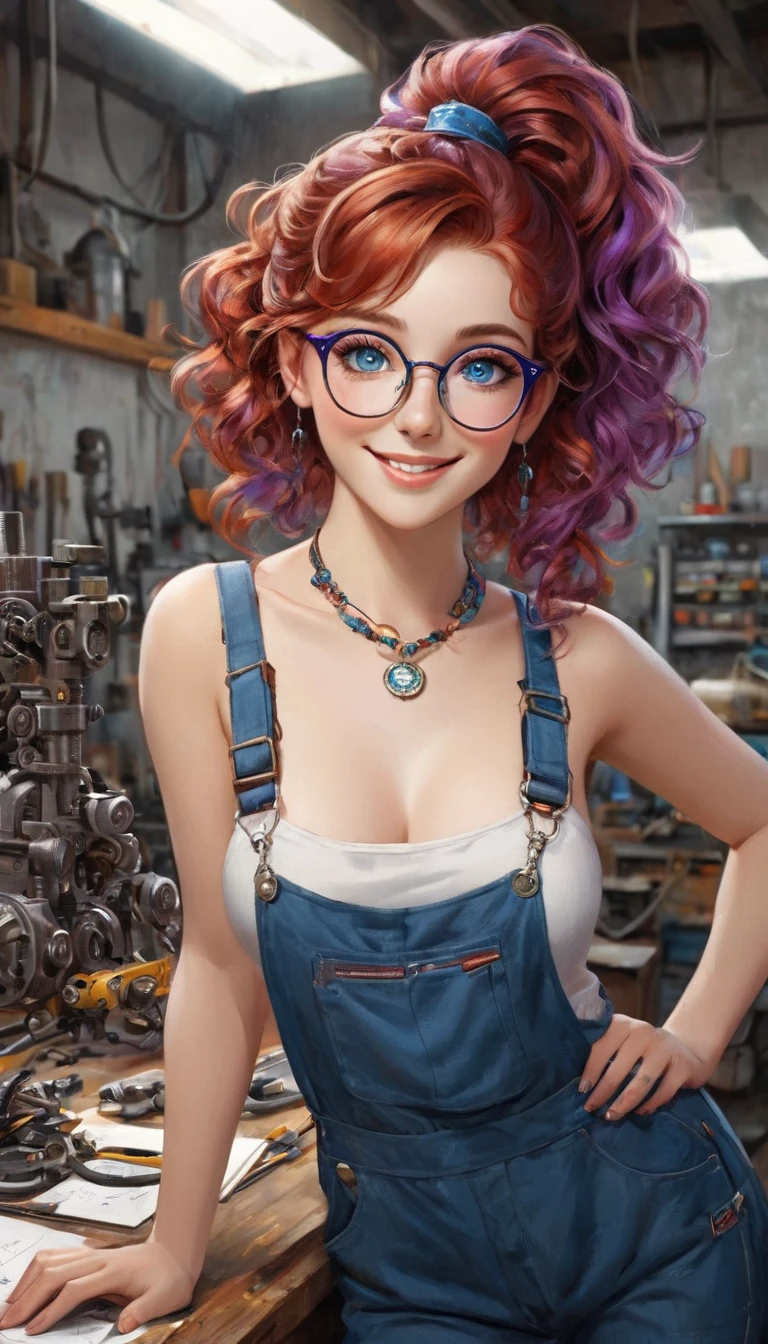 Beautiful young woman, ig model, April rendering, (wide angle, full body shot, standing:1.6), (masterpiece, Professional Lighting, 16k, 8k wallpaper , raw photo, Photorealistic: 1.8, ultra-detailed, Soft and natural lighting, detailed skin, Detailed face, detailed eyes, textured skin), (Ultra realistic).
BREAK
Photo, superior quality, (Ultra Detailed Face and eyes: 1.0), (2 woman).
Beautiful girl with blue eyes, wearing small round glasses,(with thin round glasses),
HAIR
Her Spanish purple hair, a woman with hair adorned with colorful highlights, Beautiful redhead with blue eyes, ponytail, Beautiful, Sexy, smiling, Curly hair falling on the shoulders, a necklace, glamorous accessories.
(highest quality:1.2, Very detailed, Latest, Vibrant, Ultra-high resolution, High Contrast, masterpiece:1.2, highest quality, Best aesthetics), Beautiful female mechanic, sexy, Work clothes, Overalls, Best Body Line, Beautiful detailed eyes, A professional and confident smile, Detailed facial features, Elegant hairstyle, Power tools, detailed machine, The work contents written on the wall, A neat and tidy desk, Precision work, Adorable,