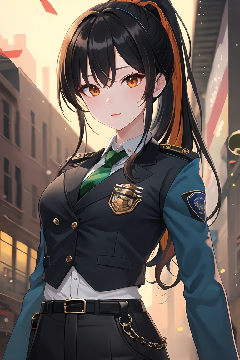 Orange Highlights, Zhu Yuan, Orange eyes, Black Hair, Long Hair, Striped Hair, Ponytail Metal Hairband, Police uniform, Blue jacket, Cropped jacket, Long sleeve, Black vest, Two-tone vest, Black gloves, Green tie, Checked tie, Black trousers, High waist pants, belt, Thigh straps, Knee pads, holster, Tight pants, Multicolored Hair