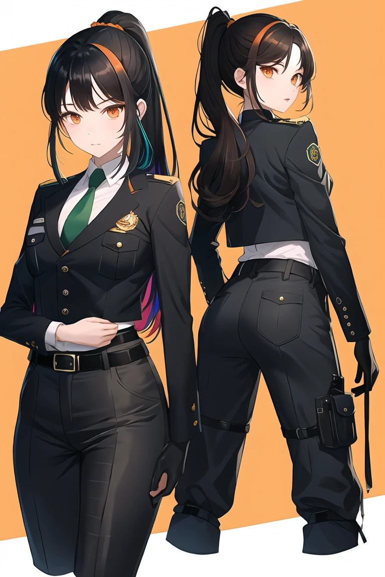 Orange Highlights, Zhu Yuan, Orange eyes, Black Hair, Long Hair, Striped Hair, Ponytail Metal Hairband, Police uniform, Blue jacket, Cropped jacket, Long sleeve, Black vest, Two-tone vest, Black gloves, Green tie, Checked tie, Black trousers, High waist pants, belt, Thigh straps, Knee pads, holster, Tight pants, Multicolored Hair