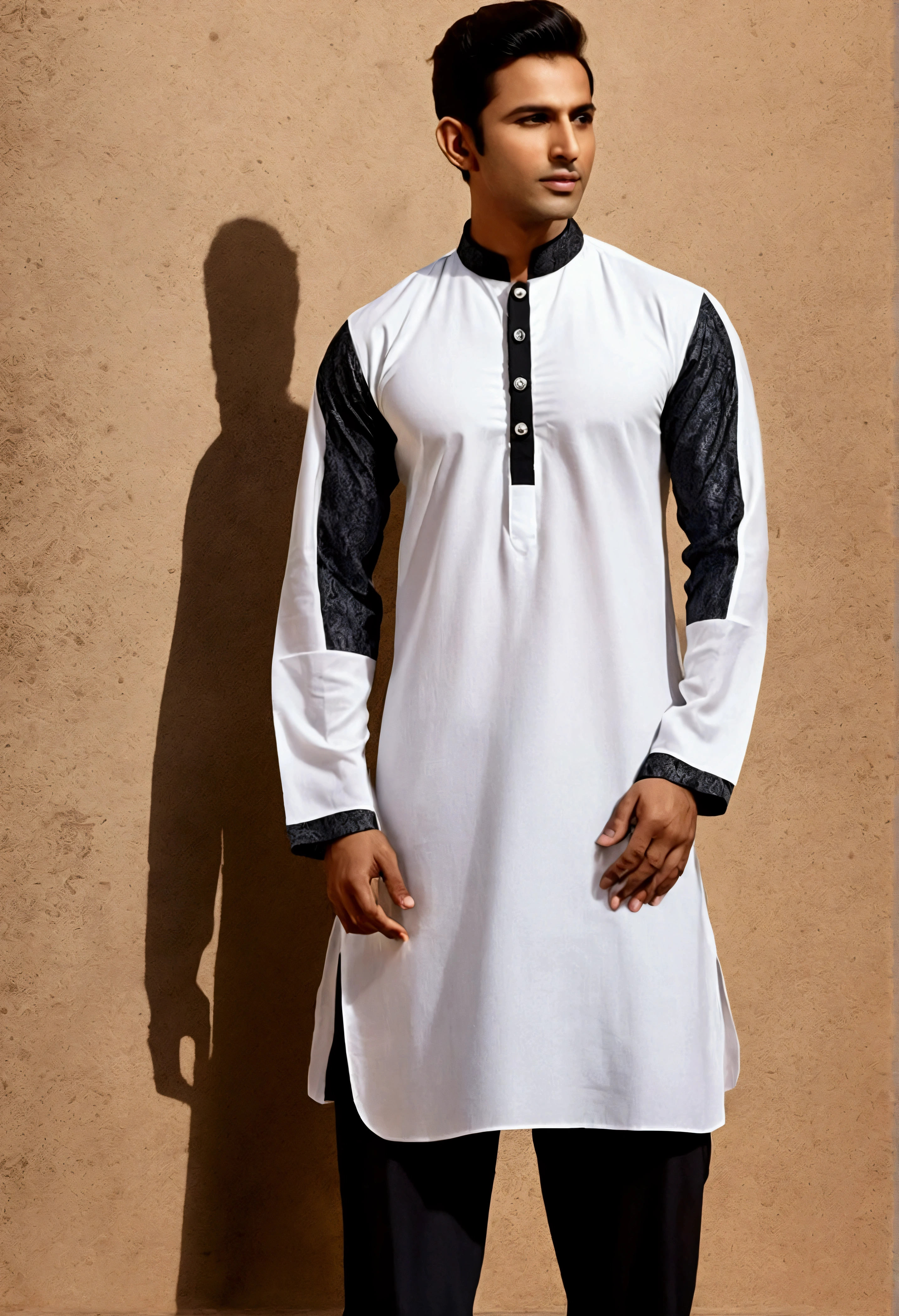 an Indian Muslim kurta, which reaches to the knees, no model or man in the image, just the kurta, the collar must be thin and discreet, white collar, the collar button must be black, the kurta has dark marbled color in the center, and the sides as well as the sleeves are white in color