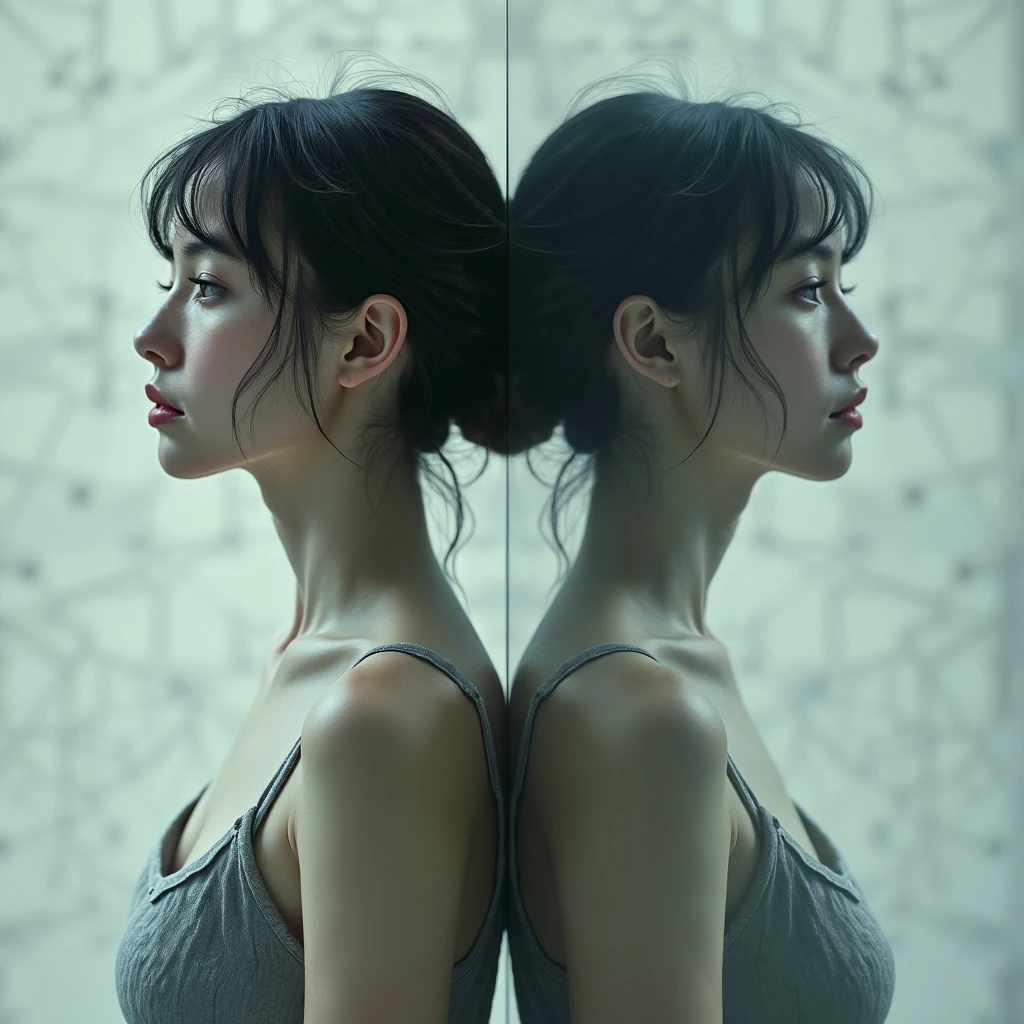 Identical twin sisters、Edit Photos,Highly detailed background,Ultra-realistic,Double exposure,Depth of written boundary,Beautiful silhouette super slim young video,Soft Focus Pure Tone,Story Scene,Plain lyocell camisole,Leaning against a concrete wall,From directly below,