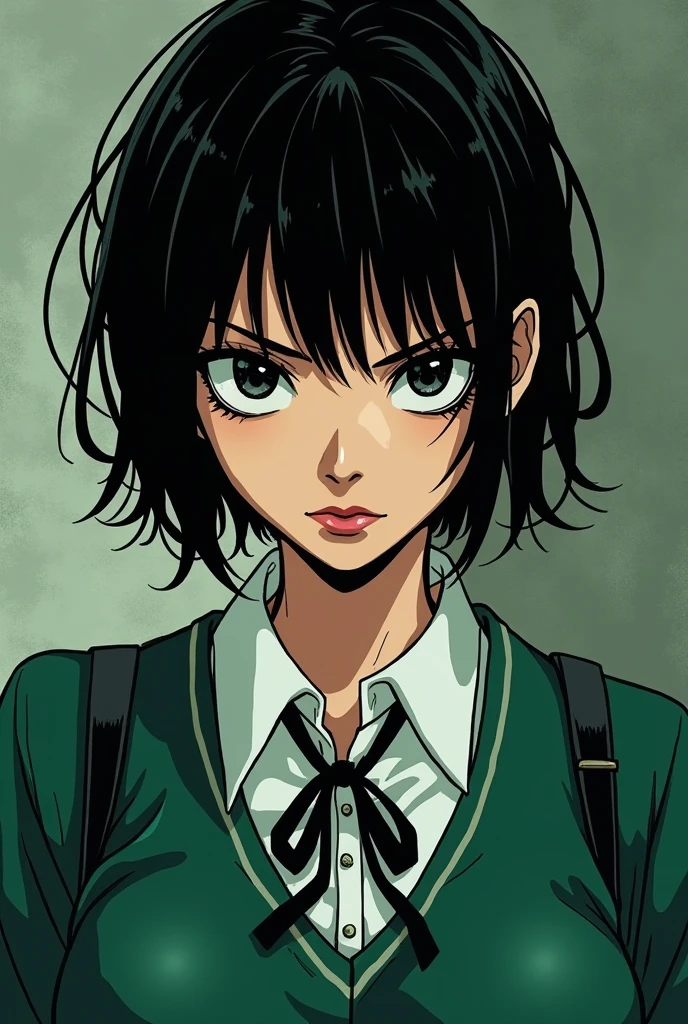 Create an image: masculine woman, short messy black hair, lesbian, with green school uniform, tired looking black eyes, dark manga comic style