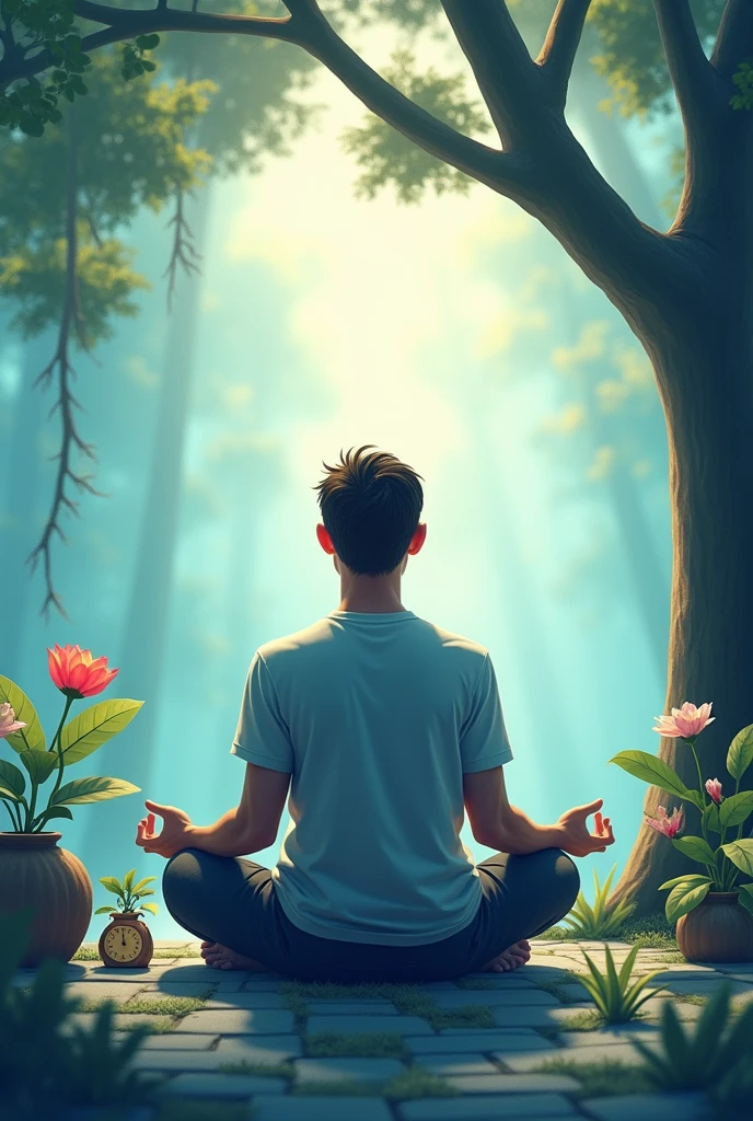 Create an image that visually represents the concept of building patience. The scene could depict a man calmly sitting in a serene environment, like a quiet park or a peaceful room, practicing deep breathing or meditation. Surround them with symbols of time and growth, such as a slowly blooming flower, a ticking clock, or a tree with roots growing deep into the earth. The colors should be soothing, like soft blues and greens, to evoke a sense of calmness and tranquility. The overall atmosphere should reflect serenity, mindfulness, and inner peace.written the points around the person which shows he practice these. 1. Practice mindfulness and relaxation techniques.
2. Maintain a healthy lifestyle.
3. Time management.
4. Develop strong support networks.
5. Set boundaries and learn to say no.Tips should be in English-UK
