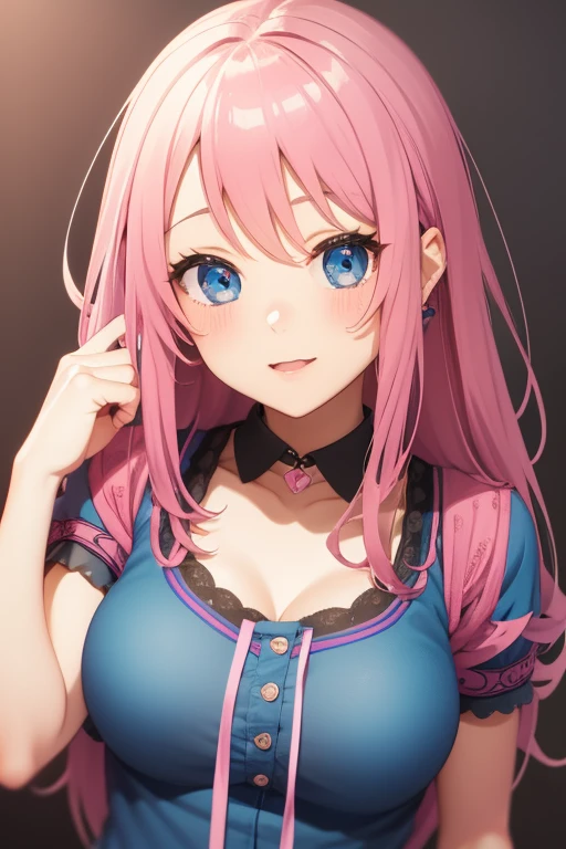 cute pink haired girl with blue eyes, sweet, very cute, kawaii, anime, perfect, blushed face, big breast