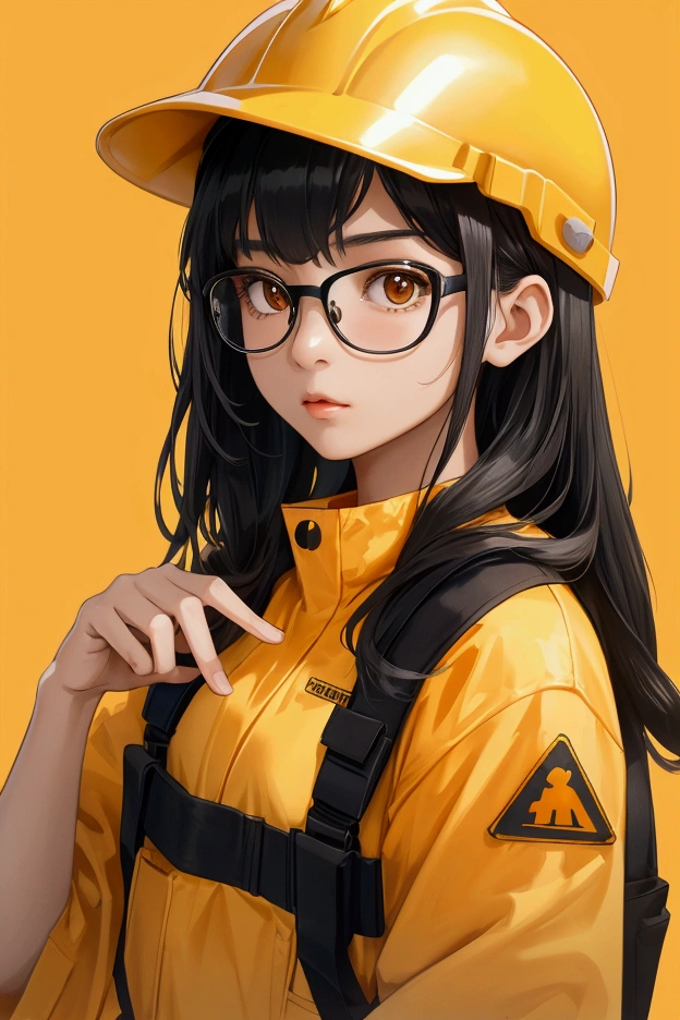 age Asian girl with long black hair. Wearing glasses.Wearing orange construction worker outfit and yellow construction helmet. Timid facial expression.