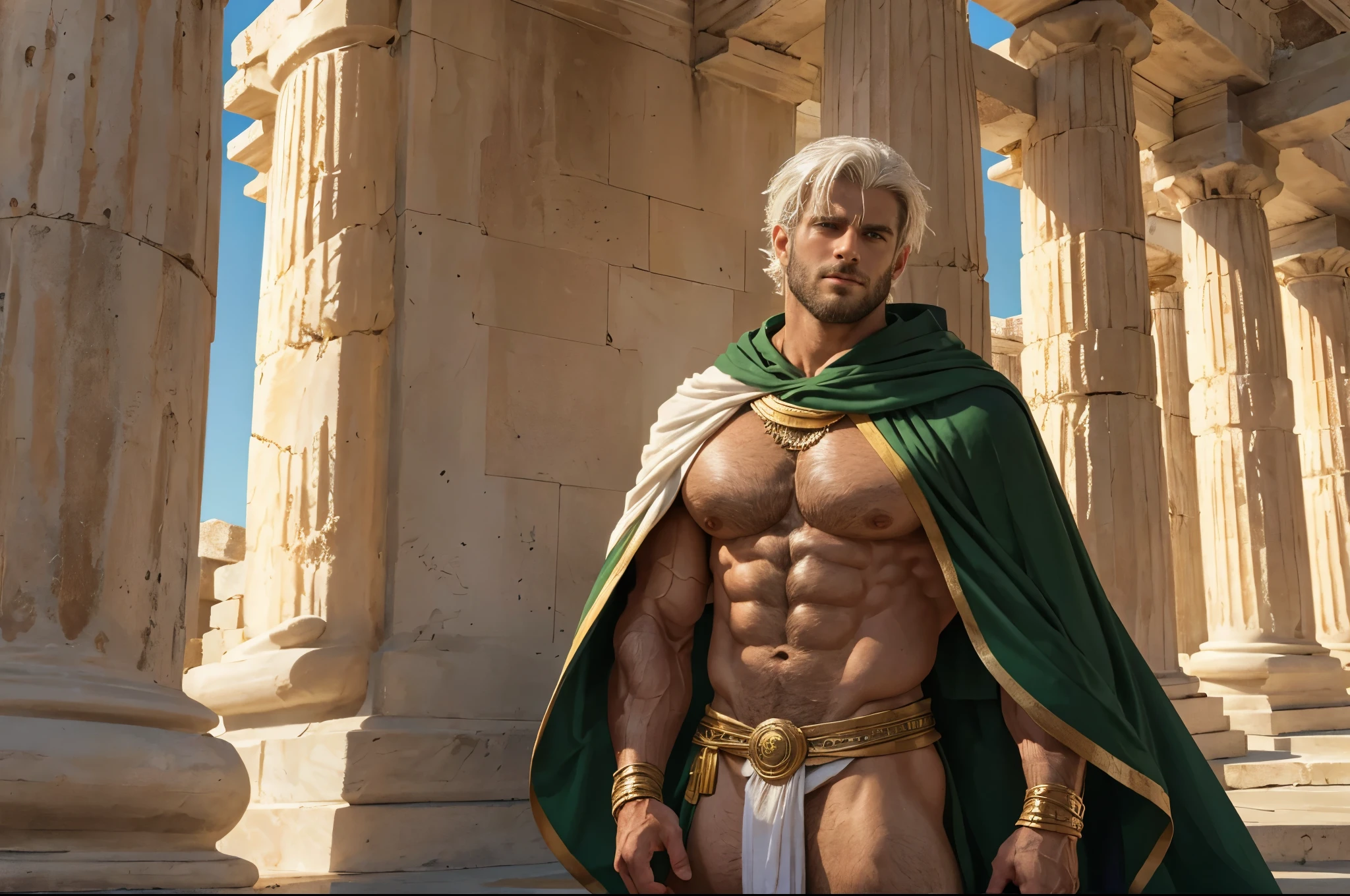 Male Titan, dark skinned muscular body, hairy chest, white hair, green eyes, Greek cloak clothing, naked, visible member, amazing lighting, greek temple.