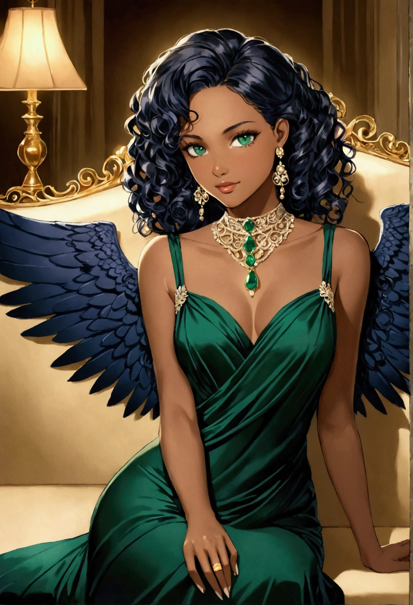 An elegant (((beautiful woman))) with (((black curly hair))), (((dark green eyes))), and (((navy blue wings))), that match her brown skin, exuding a sense of classic glamour. She wears a luxurious (((dark green dress))), adorned with subtle ((gold and silver accents)), which compliment her overall sophistication and elegance. Her jewelry is exquisite: a ((watchful eye)) and a ((choker that bears an emerald on the pendant and coordinating earrings)) add to her ensemble. Lastly, she poses confidently on a cozy couch, covered neatly with a luxurious cream-colored blanket. The scene is softly lit with medium warm lighting, accentuating her features and overall atmosphere of timeless elegance.