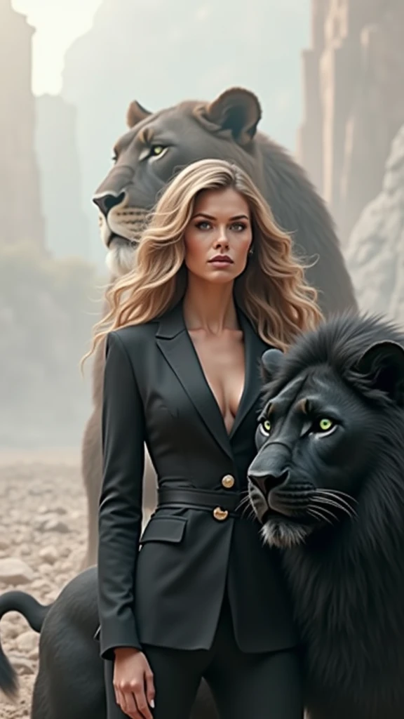 Woman in a suit next to a black lion with green eyes