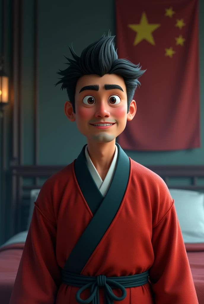 naughty man,detailed short hair, wearing a hanfu, , Half body image display, dark bedroom, tom, Pixar-style, 。.3d, animated cartoon, detail, asymmetric 16k, (1024x1024), Asian eyes, china flag in the background, chinese flag in hanfu, china, computer, naughty man, masculine, no lights, murky