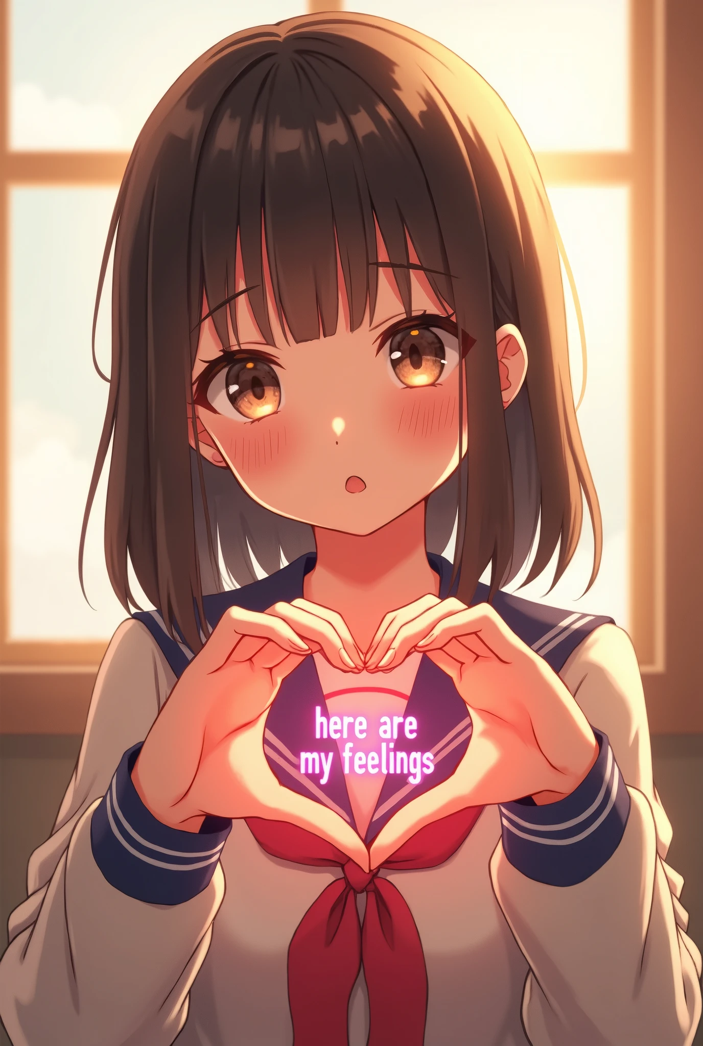 When a very cute Japanese high school student speaks, she forms a heart and inside that heart appears the text "Here are my feelings." Place the focus on her hands.