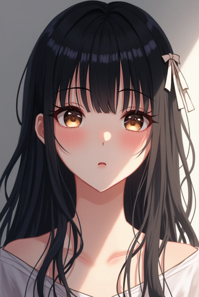 An anime girl who has long black hair that she wears half-tied up with a white ribbon., Her straight bangs cover her entire forehead.. Their eyes are light brown but can sometimes appear black.. Her skin is pale so it contrasts a lot with her hair..
