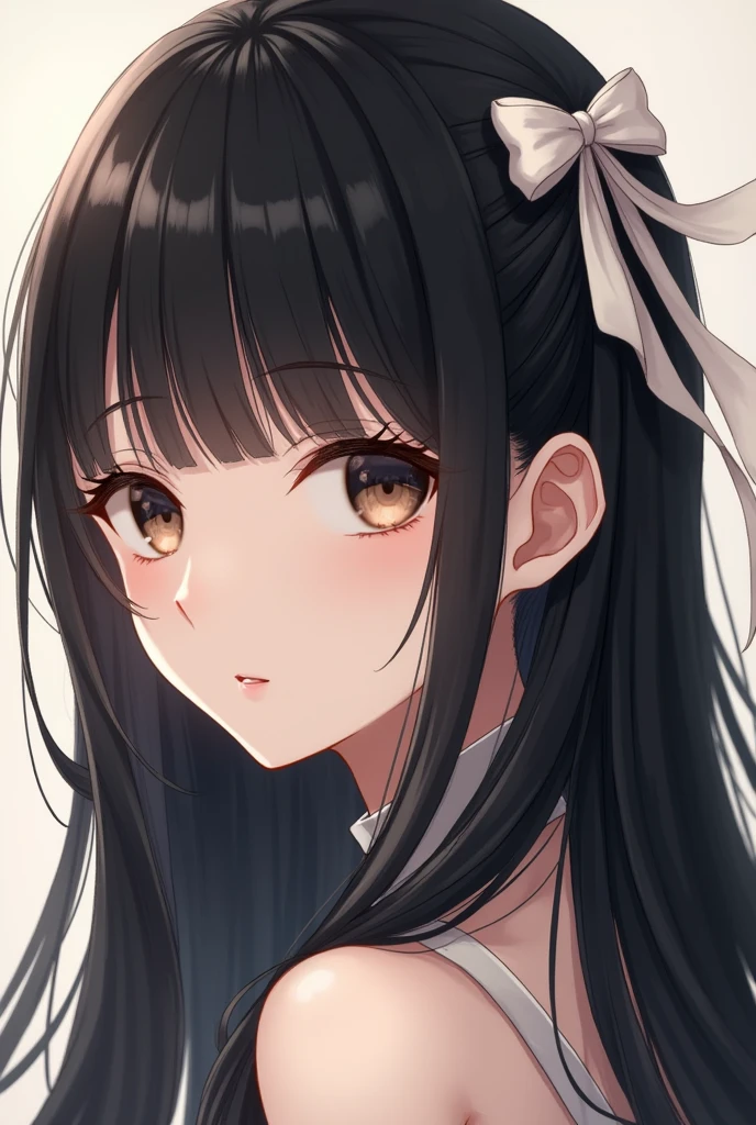An anime girl who has long black hair that she wears half-tied up with a white ribbon., Her straight bangs cover her entire forehead.. Their eyes are light brown but can sometimes appear black.. Her skin is pale so it contrasts a lot with her hair..