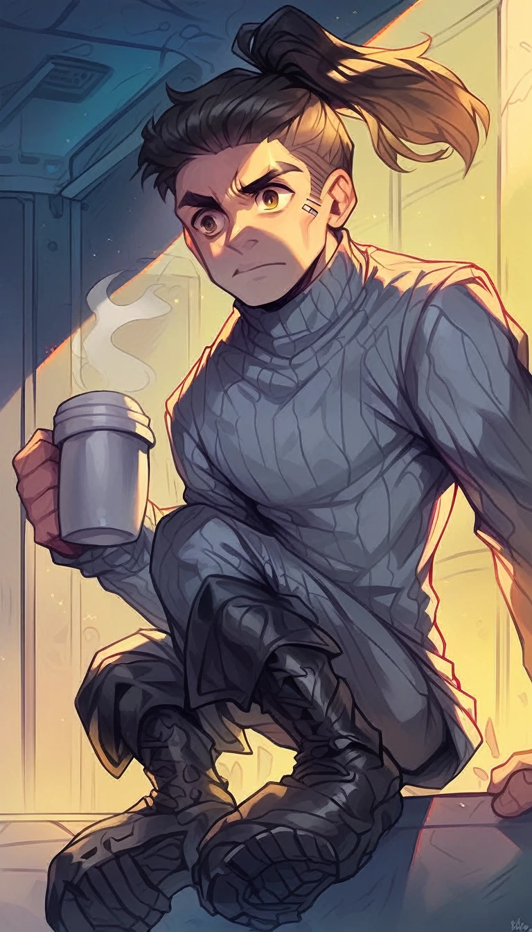 (detailed), (((normal guy))), (Arabic characteristics), ((black fur rizado Ponytail hairstyle)), ((Ponytail hairstyle)), (calm face), ((by the width)), ((coffee boots)), (((whole body))), ((In a cyberpunk room)), ((male)), (gray turtleneck sweater), ((only one person)), (at night), atmosphere of terror, ((Brown eyes)), In the dark, ((black fur)), ((human))