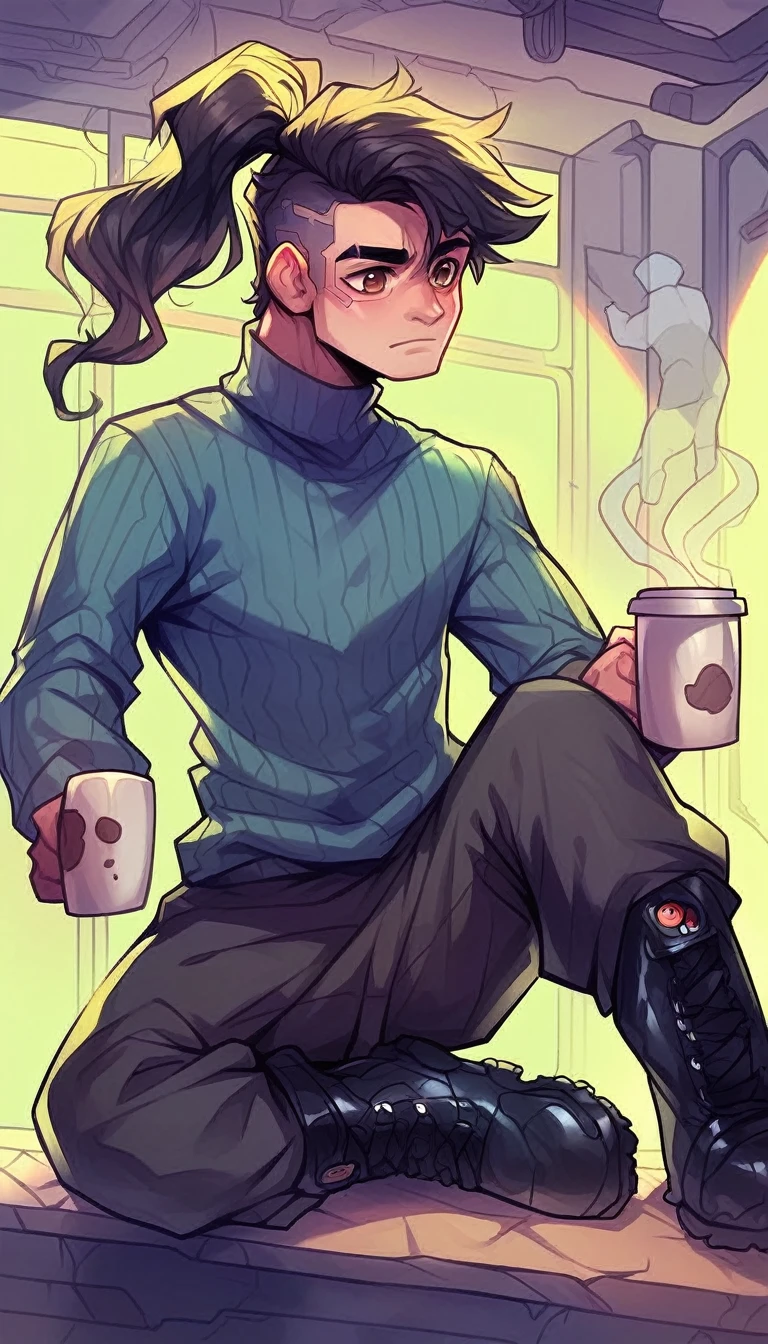 (detailed), (((normal guy))), (Arabic characteristics), ((black fur rizado Ponytail hairstyle)), ((Ponytail hairstyle)), (calm face), ((by the width)), ((coffee boots)), (((whole body))), ((In a cyberpunk room)), ((male)), (gray turtleneck sweater), ((only one person)), (at night), atmosphere of terror, ((Brown eyes)), In the dark, ((black fur)), ((human))