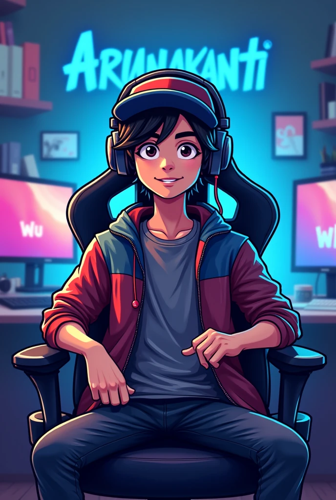 A youtube gaming channel logo with this name ARUNAKANTI GAMING, a young boy age 20 sitting on a gaming chair in front of a gaming desktop with hat and heatphone in head, looking cool and smart half body multicolored jacket , blue gaming room in background