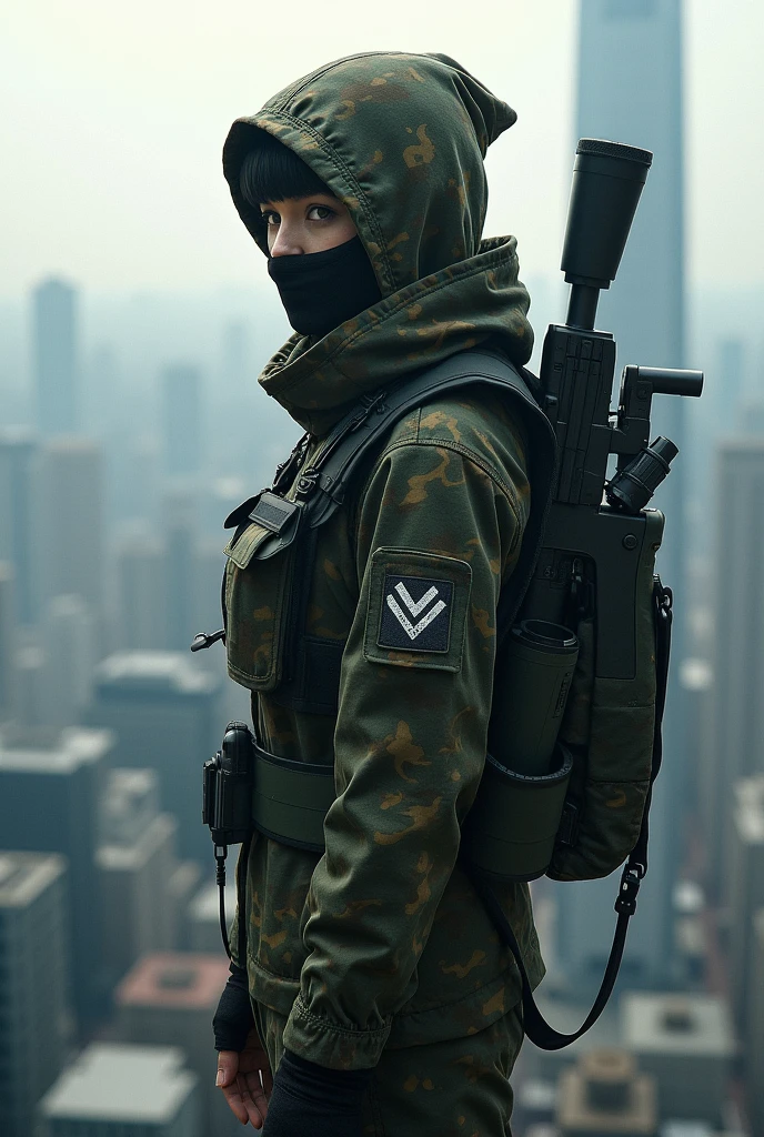Japanese female sniper wearing a cloth mask and head covering standing on the roof of a high-rise building