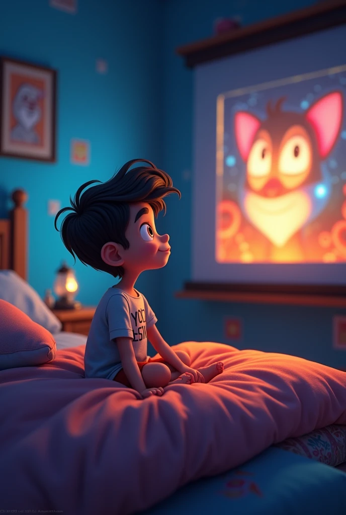 one boy sit on the bed and watching doreman movie boy name is yogesh written on the t shirt 2d cartoon