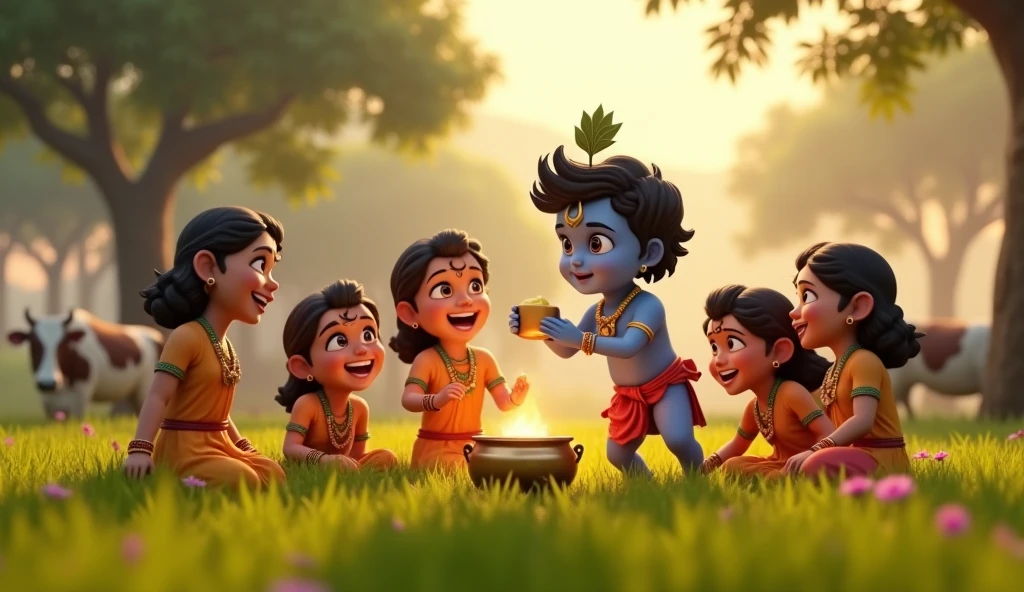 3d cinematic"A scenic view of a traditional Indian village with lush green fields, where young Lord Krishna is shown joyfully playing with gopis, laughing and holding a pot of butter. The background includes trees and cows, representing Vrindavan’s pastoral setting"