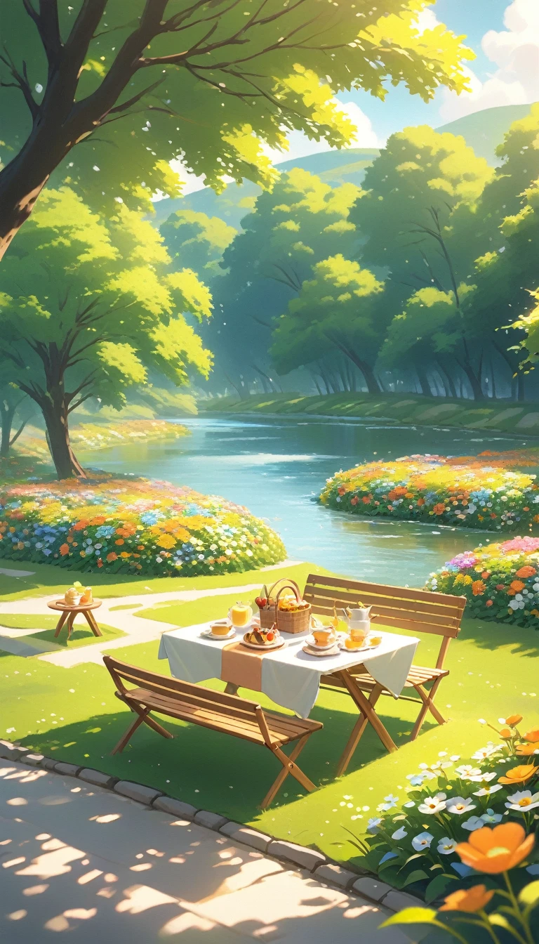 landscape Afternoon Tea, Flower garden Cozy,Orange Pink ,picnic ,river , There are no human characters,No people