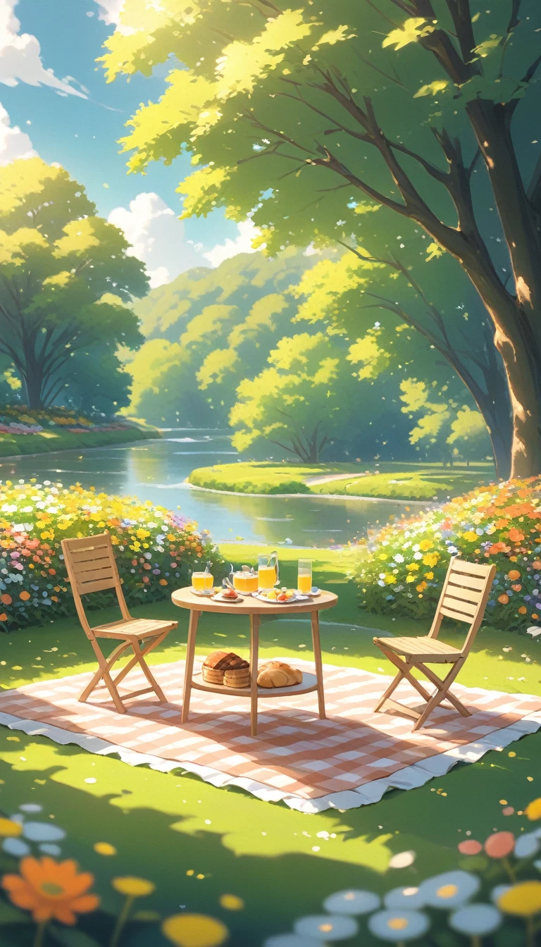 landscape Afternoon Tea, Flower garden Cozy,Orange Pink ,picnic ,river , There are no human characters,No people