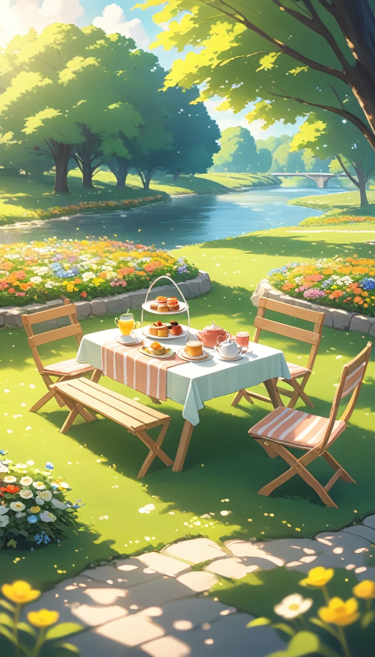 landscape Afternoon Tea, Flower garden Cozy,Orange Pink ,picnic ,river , There are no human characters,No people