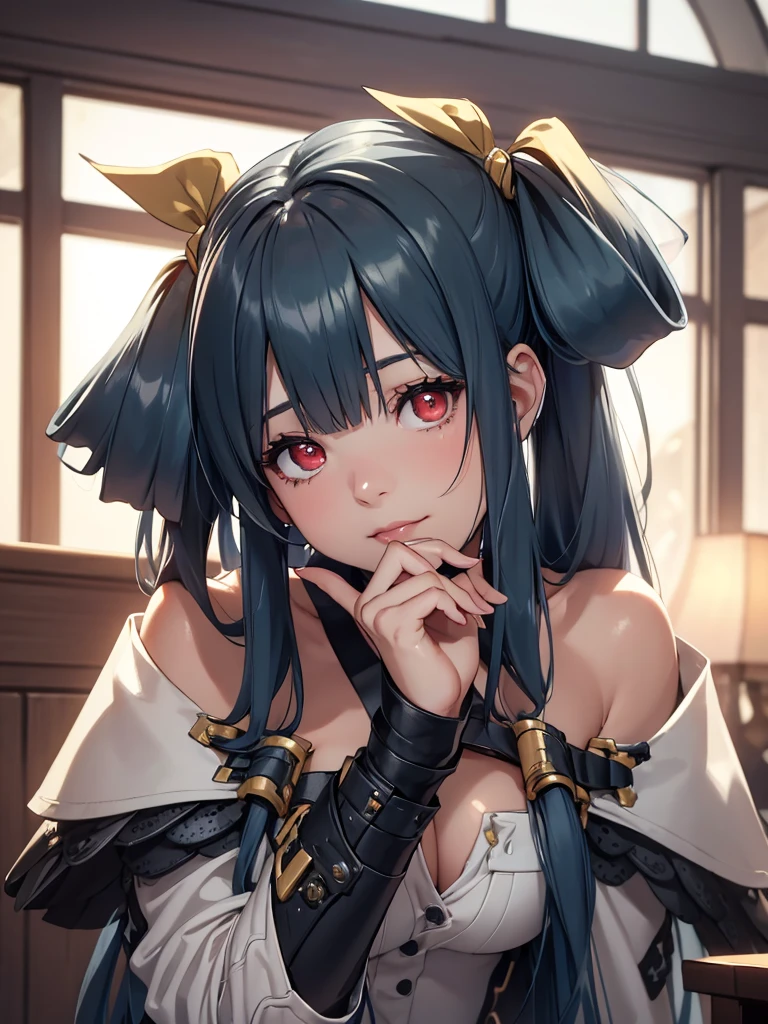 (masterpiece、top-quality、hight resolution、Unity 8k、extremely details CG:1,Best Picture), married woman, her expression full of lust. Her eyes are half-lidded and slightly glazed, with a moist and glossy look. Her lips are parted, slightly wet, and she has a faint, suggestive smile. Her cheeks are flushed, and she lightly bites her lower lip. Her head is tilted slightly, enhancing the seductive atmosphere. nsfw, hair ribbon, full body