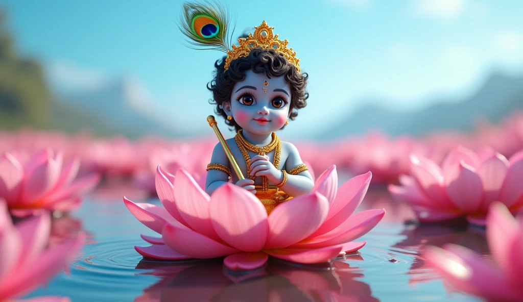 Realistic image of Lord krishna as  a  boy sitting on a pink lotus in a pond, various other pink lotuses seen in the pond, bright blue sky, wearing a golden crown with a peacock feather in it, and holding a flute in his hand 
, bright and beautiful image, normal human face and normal human eyes, no animated eyes to be seen, people lifting him high using their hands while some are praying with their hands folded, create high quality realistic image, beautiful Landscape, eyes facing straight at the camera, image should ultra clear, hyper realistic, high quality 4k 