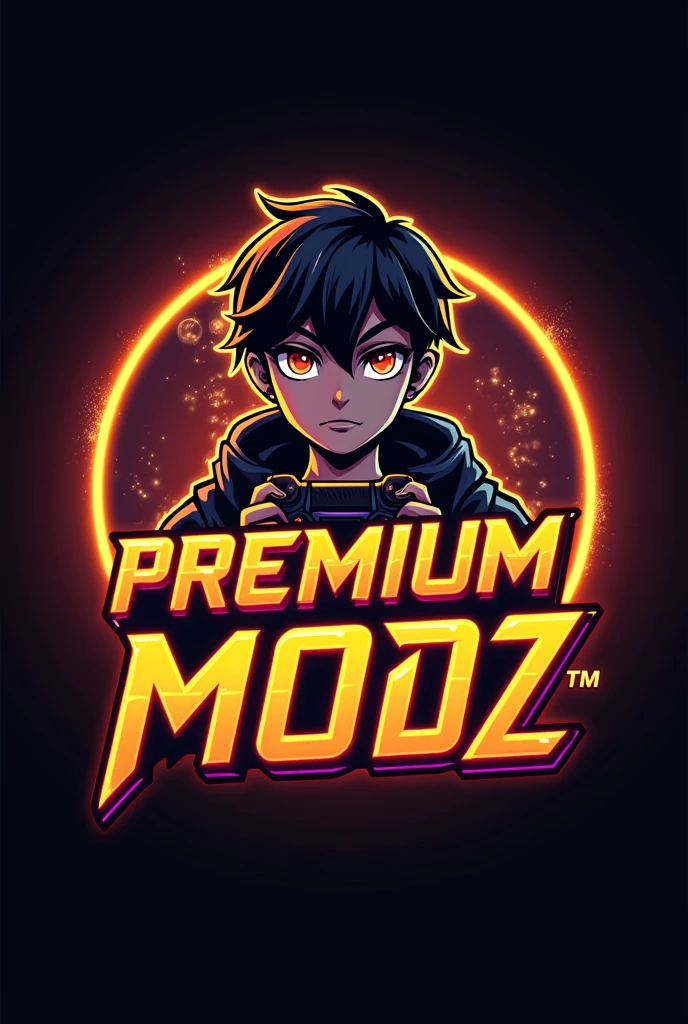 This is a gaming logo that features the name "PREMIUM MODZ" in a futuristic font and a neon Golden color. and Boy Anime avtar, The logo also has a stylized controller Icon. The logo is designed to be attractive and eye-catching, and to appeal to gaming enthusiasts and