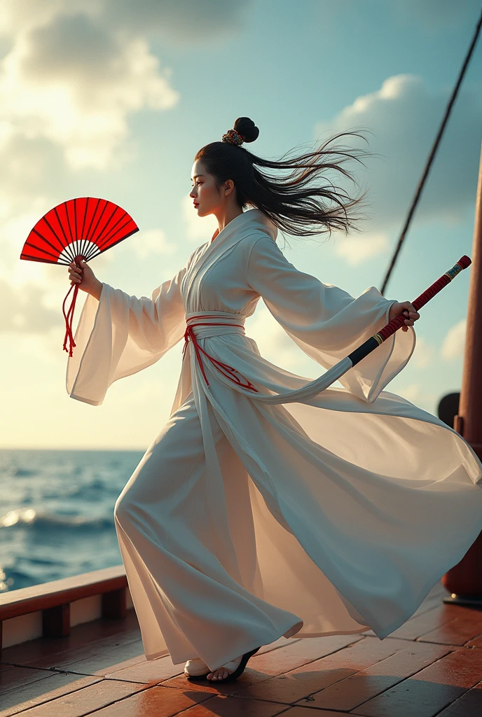 (masterpiece, best quality, beauty, best ratio, best shadows,best Illustration)
uhd,china female kungfu, korean beauty like tae yon, dancing, full face and posture fully visible, shining red eyes, windblown hair, wear white chong sam, hoody, hand holding red chinese fan and long sword,on the bow of the ship.bright sky and cloud seen on far away. use the RenderMan renderer.digital art. High definition, high contrast,high color saturation,128k,cinematic lighting, intricate,cinematic advertising photograph,cinema lens,high res.
Samsung Wallpaper size 1080×2400 pixels