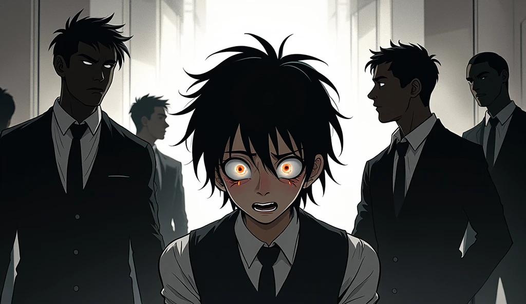 Create a black and white manga style image with colored highlight point on the image, In this image I need to portray a dramatic scene of someone who can no longer stand working in underemployment, clients and the boss putting psychological pressure on.