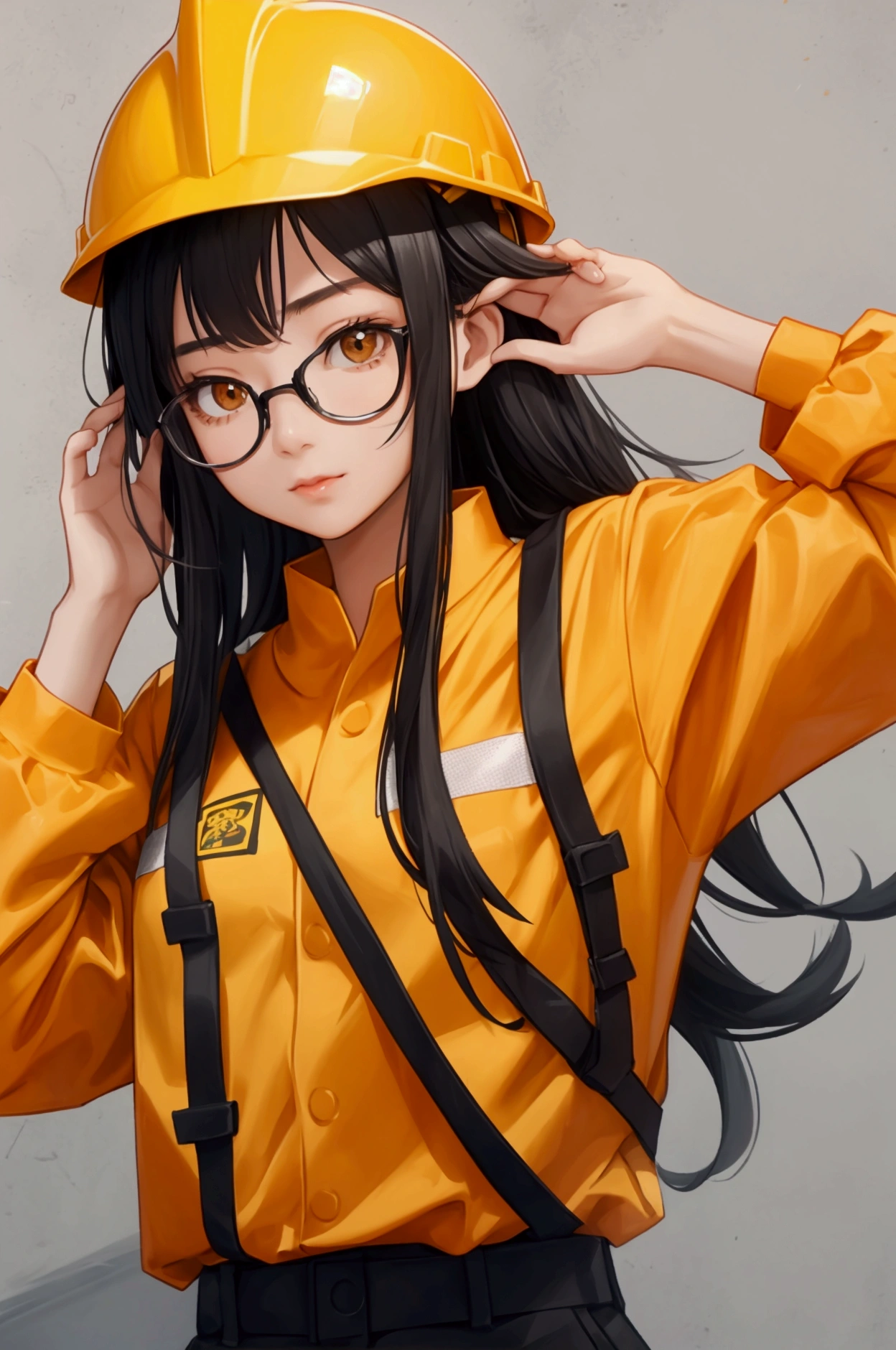 Teenage Asian girl with long black hair. Wearing glasses.Wearing orange construction worker outfit and yellow construction helmet. Timid facial expression.