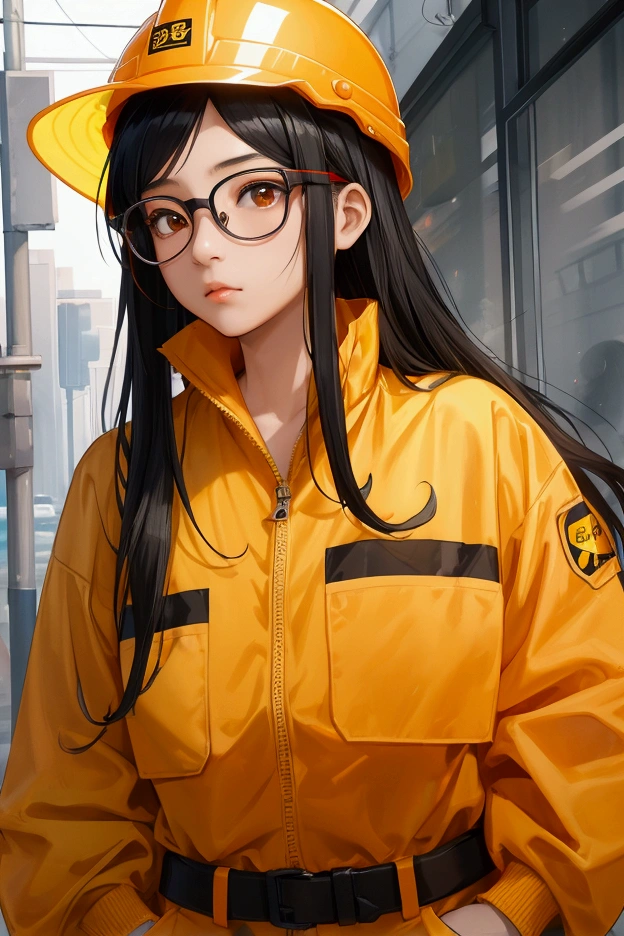  Asian girl with long black hair. Wearing glasses.Wearing orange construction worker outfit and yellow construction helmet. Timid facial expression.