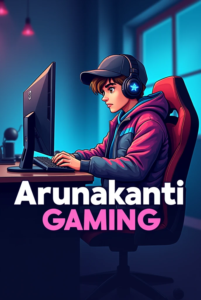 A youtube gaming channel logo with this name ARUNAKANTI GAMING, a young boy age 20 sitting on a gaming chair in front of a gaming desktop with hat and heatphone in head, looking cool and smart half body multicolored jacket , blue gaming room in background