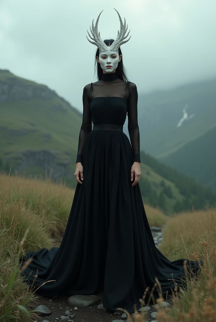  nts standing with black dress and white mask landscape 