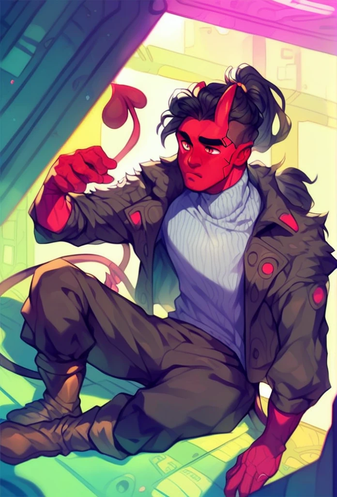 (detailed), (((normal guy))), (Arabic characteristics), ((gray wool jacket)), ((black fur rizado Ponytail hairstyle)), ((Ponytail hairstyle)), (calm face), ((by the width)), ((Brown boots)), (((whole body))), ((In a cyberpunk room)), ((male)), (gray turtleneck sweater), ((only one person)), (at night), terror, ((Bright red eyes)), In the dark, ((black fur)), ((((red skin color)))), ((((demon tail))))