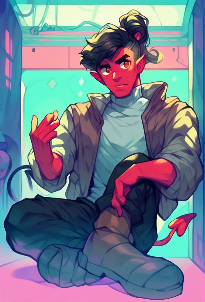 (detailed), (((normal guy))), (Arabic characteristics), ((gray wool jacket)), ((black fur rizado Ponytail hairstyle)), ((Ponytail hairstyle)), (calm face), ((by the width)), ((Brown boots)), (((whole body))), ((In a cyberpunk room)), ((male)), (gray turtleneck sweater), ((only one person)), (at night), terror, ((Bright red eyes)), In the dark, ((black fur)), ((((red skin color)))), ((((demon tail))))