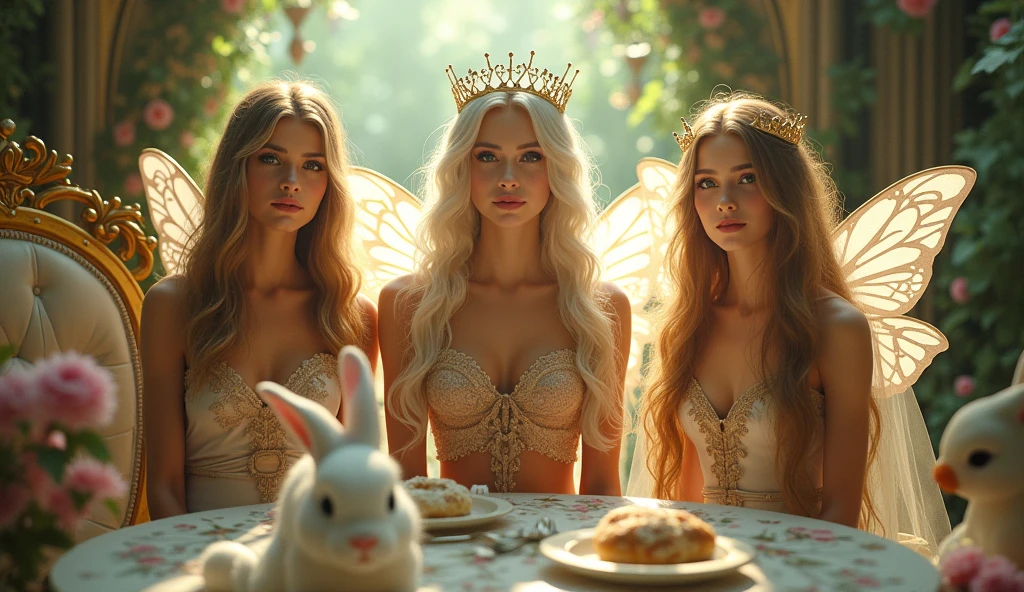 "A full-body shot of a realistic fairytale scene in a magical palace in a beautiful magical forrest, bathed in sunlighting."Beautiful pastel colour pallette." "A fairy queen 1 with realistic striking big blue eyes with eye makeup and a serious, direct gaze at the camera with golden extra long hair." " A Fairy queen 2 with golden-brown long curly hair in a thin light blue dress is standing by clapping her hands, looking at fairy queen1 smiling with her perfect shaped pearly white teeth and pursed lips". "Singing fairy princess with a long white hair in a sheer golden wet transparent dress outfit, big breasts, thin waist, big butt, looks provocative with her mouth almost sedusive at fairy queen 2 laughing." "Fairy queen 3"((doing hand stand with both hands on floor)), wearing a thin blue/green dress" "Her gold delicade fairy-crown, is hanging by the ends of her hair""The lighting is natural and bright, highlighting their features and casting a soft glow around their hair, creating a high-contrast effect that emphasizes the subject's presence. " "A white rapid sits in on a decorative dining table" "while a rainbow colored bird perches on the top of the thin royal thrown". The scene includes a messy fairy queens in a beautiful and magical forrest palace. "The vast environment paints a magical but weird admosphere". # Configuration settings clip_guidance_scale = 20 # High adherence to the detailed prompt, emphasizing facial features hr_scale = 2.0 # High resolution to capture intricate details in the hair and face. hr scale =2.0 # Perfect human female body. Best hands 1:1, super realistic hair 1:1, hyper realistic eyes 1:1, extra detailed delicate moist skin, most detaled and realistic face 1:1. #A realistic stage with thorough details and clear focus on the queens.