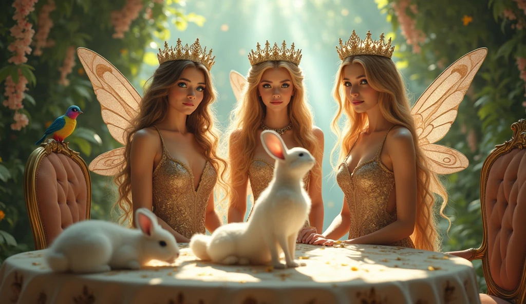"A full-body shot of a realistic fairytale scene in a magical palace in a beautiful magical forrest, bathed in sunlighting."Beautiful pastel colour pallette." "A fairy queen 1 with realistic striking big blue eyes with eye makeup and a serious, direct gaze at the camera with golden extra long hair." " A Fairy queen 2 with golden-brown long curly hair in a thin light blue dress is standing by clapping her hands, looking at fairy queen1 smiling with her perfect shaped pearly white teeth and pursed lips". "Singing fairy princess with a long white hair in a sheer golden wet transparent dress outfit, big breasts, thin waist, big butt, looks provocative with her mouth almost sedusive at fairy queen 2 laughing."  "Fairy queen 3"((doing hand stand with both hands on floor)), wearing a thin blue/green dress" "Her gold delicade fairy-crown, is hanging by the ends of her hair""The lighting is natural and bright, highlighting their features and casting a soft glow around their hair, creating a high-contrast effect that emphasizes the subject's presence. " "A white rapid sits in on a decorative dining table" "while a rainbow colored bird perches on the top of the thin royal thrown". The scene includes a messy fairy queens in a beautiful and magical forrest palace. "The vast environment paints a magical but weird admosphere". # Configuration settings clip_guidance_scale = 20 # High adherence to the detailed prompt, emphasizing facial features hr_scale = 2.0 # High resolution to capture intricate details in the hair and face. hr scale =2.0 # Perfect human female body. Best hands 1:1, super realistic hair 1:1, hyper realistic eyes 1:1, extra detailed delicate moist skin, most detaled and realistic face 1:1. #A realistic stage with thorough details and clear focus on the queens. 