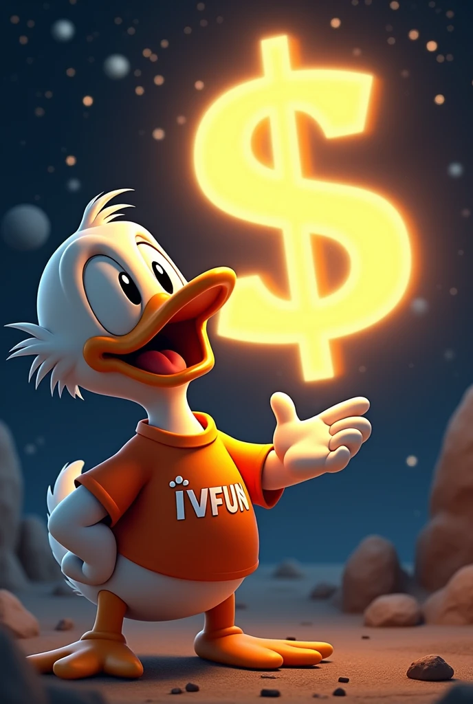 "Imagine a Scrooge McDuck-style duck in space. The duck is wearing a bright t-shirt with the IVFun logo on the front. The cosmic background is dark with bright stars and a few planets or asteroids. The duck’s expression is one of shock and amazement, with its eyes wide and mouth open, as it looks at a huge, glowing dollar sign representing a massive increase in profits." 8k