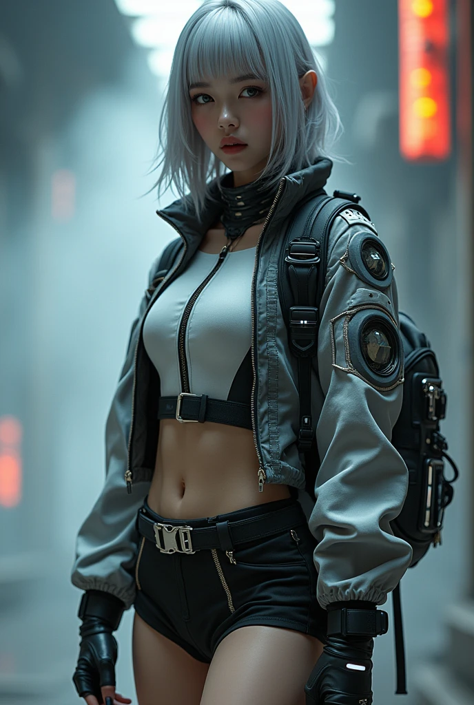 (nsfw:1.2), masterpiece, Best Quality, Realistic, Create an image of a beautiful young Japanese woman embodying futuristic fashion art. 18-years-old, The scene should have the highest quality and realism, She has an ultra-slim waist, medium firm breasts, a medium-sized buttocks, and beautiful sexy legs, showcasing sculptural beauty. Her skin is white and silky, with a thin neck and small head. April is dressed in a striking white and black military print bodysuit paired with a sleek black leather belt with a futuristic metallic buckle and low-rise black skirt with zipper accents. She wears a sheer black mesh bomber jacket adorned with white and black military patches, chunky black combat boots with silver hardware. Her look is fierce and bold, complemented by black fingerless gloves with white LED lights and high-tech accessories. adding an edgy attitude. Her outfit is completed with a white and black military print backpack with multiple compartments, merging functionality with style. exuding a hint of rebellion, embodying the essence of future street-chic fashion. The wear hugs her body tightly, accentuating her curves and digging sensuously into her skin, hyper small head and face, wide Duck mouth, half open mouth, perfectly aligned teeth, perfect beautiful wide teeth, light blue eyes, half open eyes, shiny Droopy eyes, gray hair, looking other, She is situated within the interior of a futuristic colony, in the deep night, with mist drifting and steam rising from concrete
