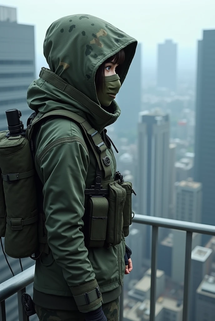 Japanese female sniper wearing a cloth mask and head covering standing on the roof of a high-rise building